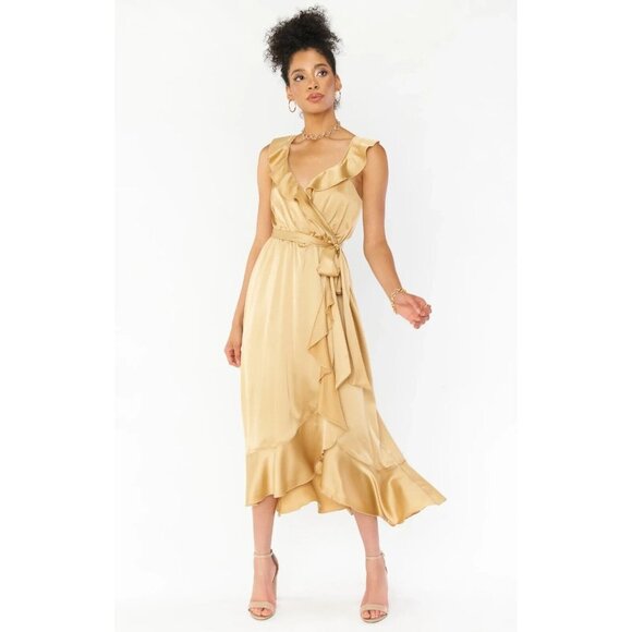 Show Me Your MuMu Dresses & Skirts - Show Me Your Mumu Womens Samantha‎ Ruffle Wrap Dress Gold Luxe Satin Size Large